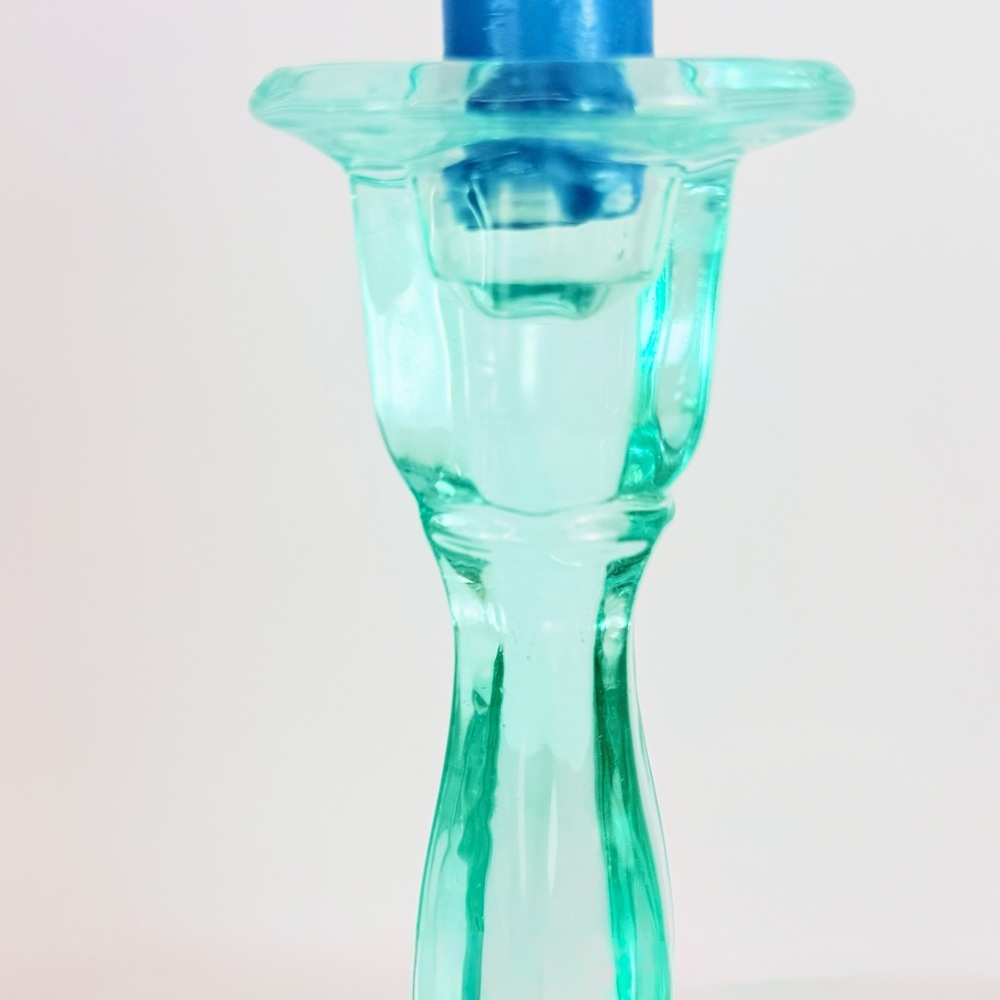 Vintage Set Of 2 Aqua Blue  Art Deco Glass Candlesticks Holders. Mid-Century Mod - Picture 11 of 13